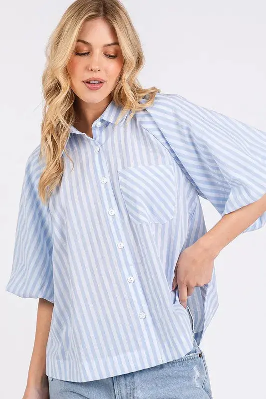 Button Down Striped Puff Sleeve Shirt online