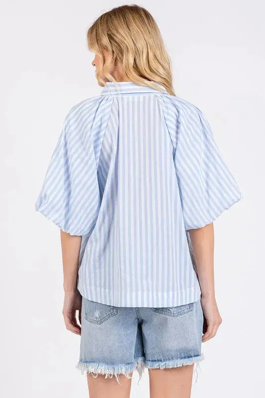 Button Down Striped Puff Sleeve Shirt online