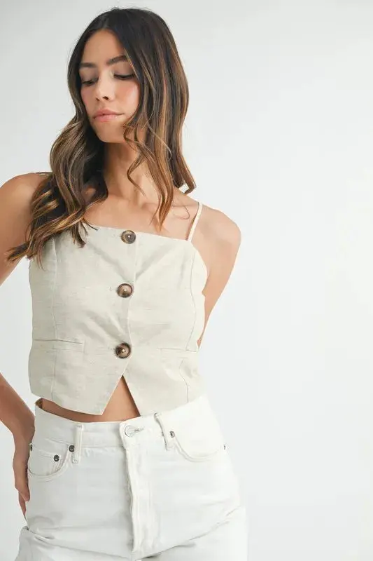 Cream Linen Mix Button Down Tank Top online