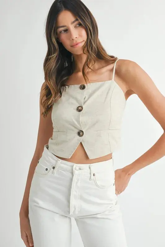 Cream Linen Mix Button Down Tank Top online