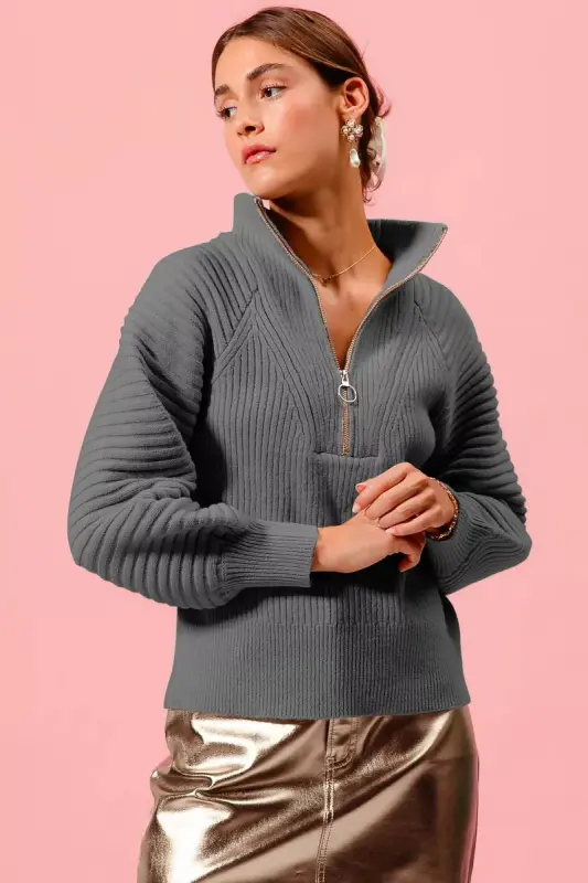 Half Zip Balloon Sleeves Ribbed Sweater online