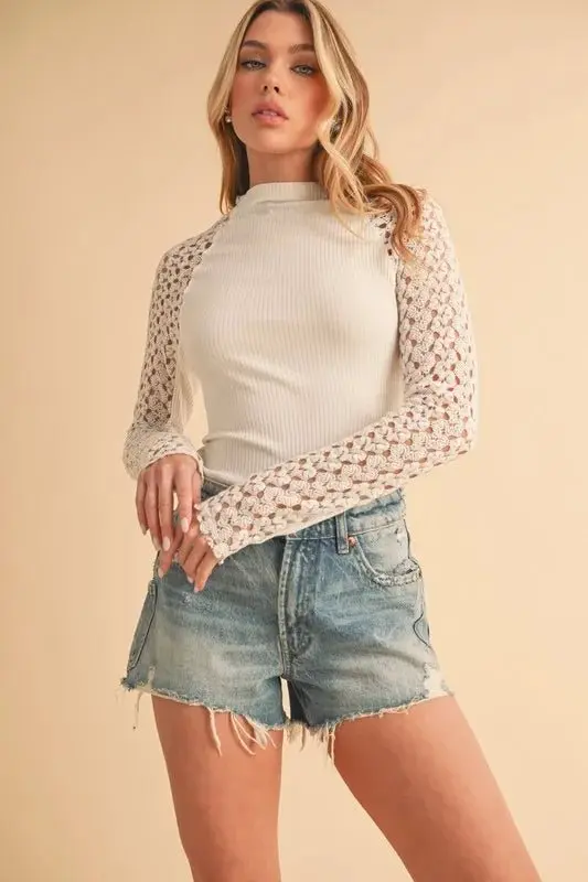 Mock Neck Lace Long Sleeve Knit Top online